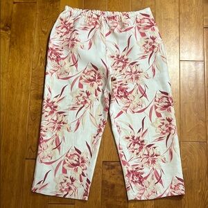 Amanda Smith 100% Linen Cream Floral Wide Leg Pants Sz L Boho Resort Work Ankle